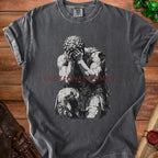 Dark grey t-shirt with a distressed print of a kneeling Roman soldier and text "EMOTIONAL DAMAGE."