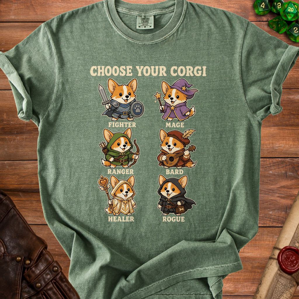 Green t-shirt with "Choose Your Corgi" and six corgi characters in RPG classes.