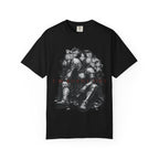 Black t-shirt with a distressed knight sitting against a stone wall with "I'M BURNT OUT" text.