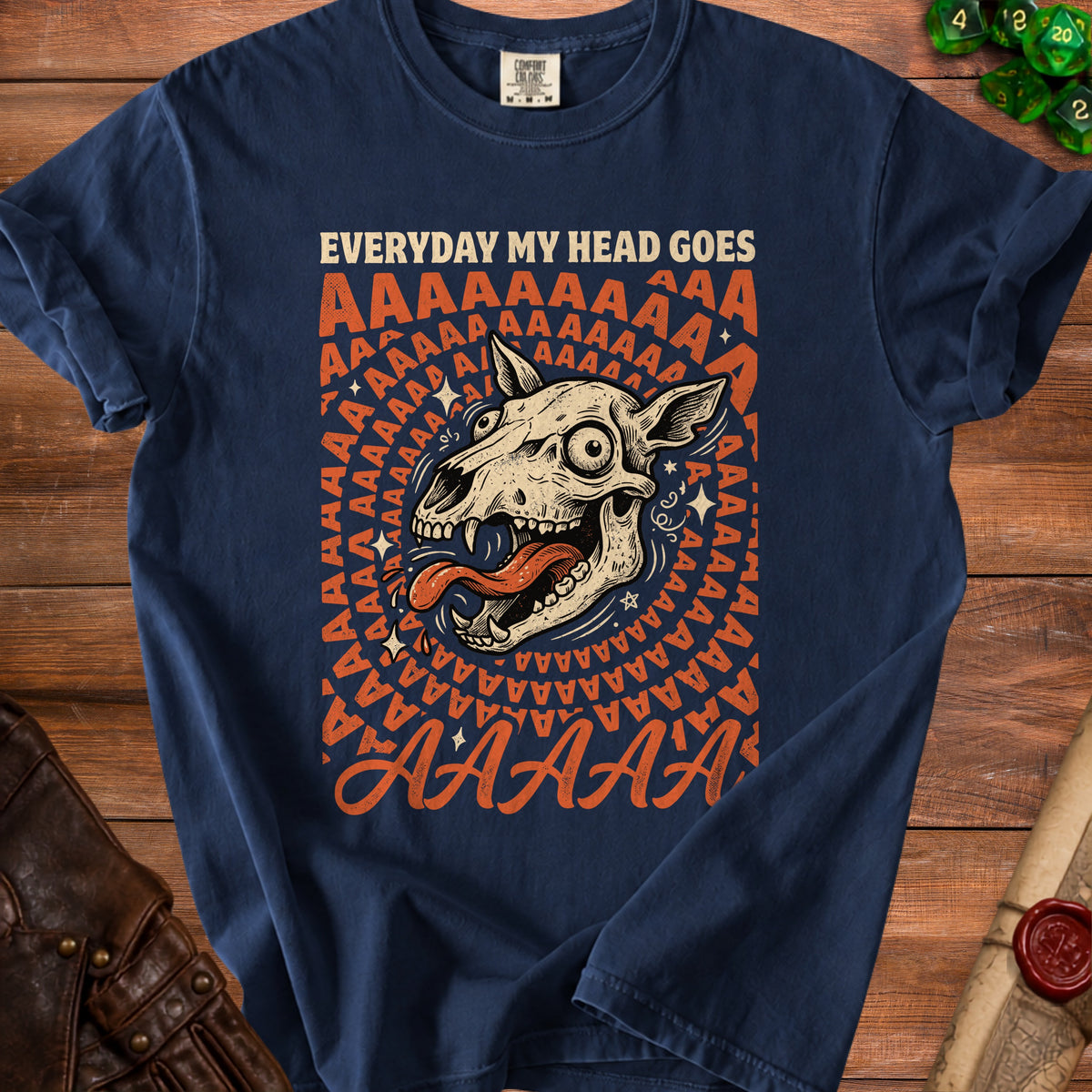 Navy t-shirt with a distressed print of a screaming dog skull and the text "EVERYDAY MY HEAD GOES AAAAAA".