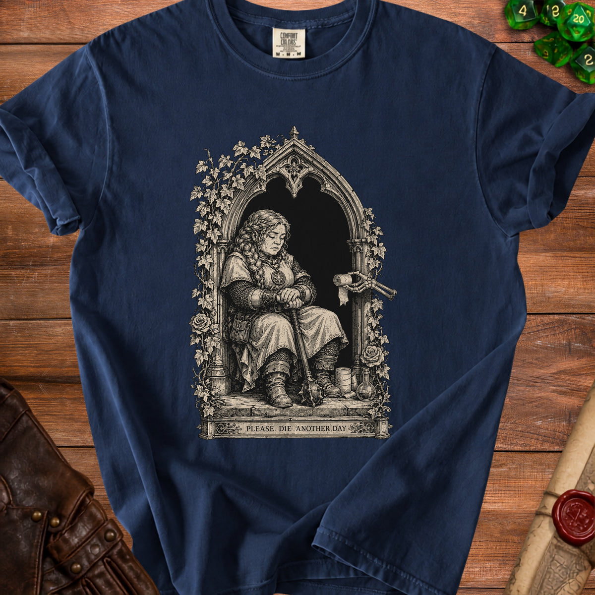 T-shirt with black ink drawing of a seated warrior and text "PLEASE. DIE. ANOTHER DAY."
