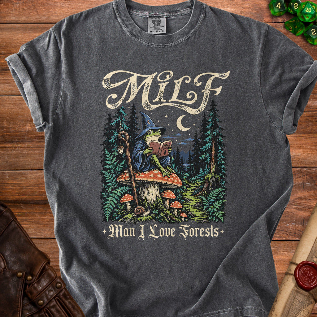 T-shirt with wizard frog reading a book on a mushroom, text "MiLF Man I Love Forests".