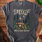 T-shirt with wizard frog reading a book on a mushroom, text "MiLF Man I Love Forests".