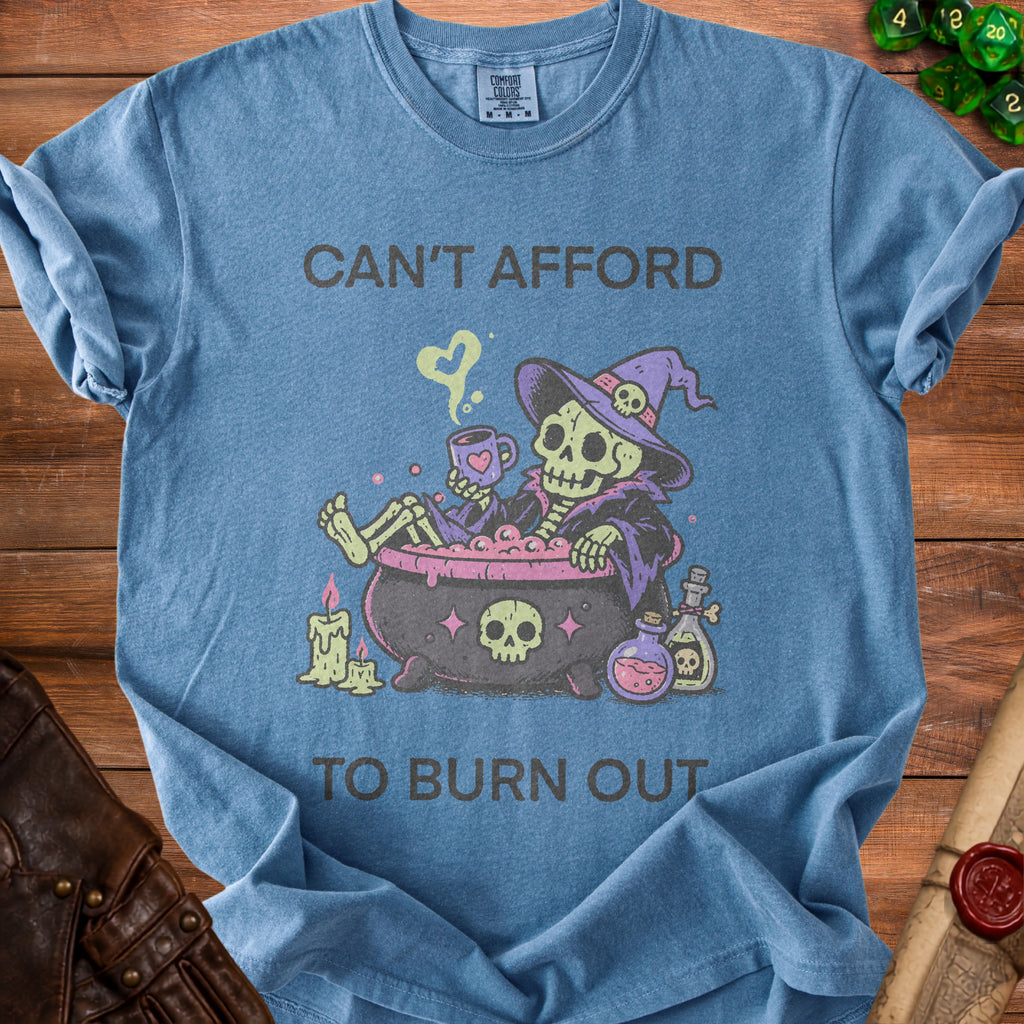 Skeleton in witch hat relaxing in cauldron with text "Can't Afford To Burn Out".