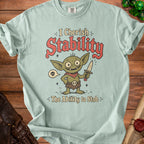 T-shirt with a goblin character holding a knife and the text "I Cherish Stability = The Ability to Stab".