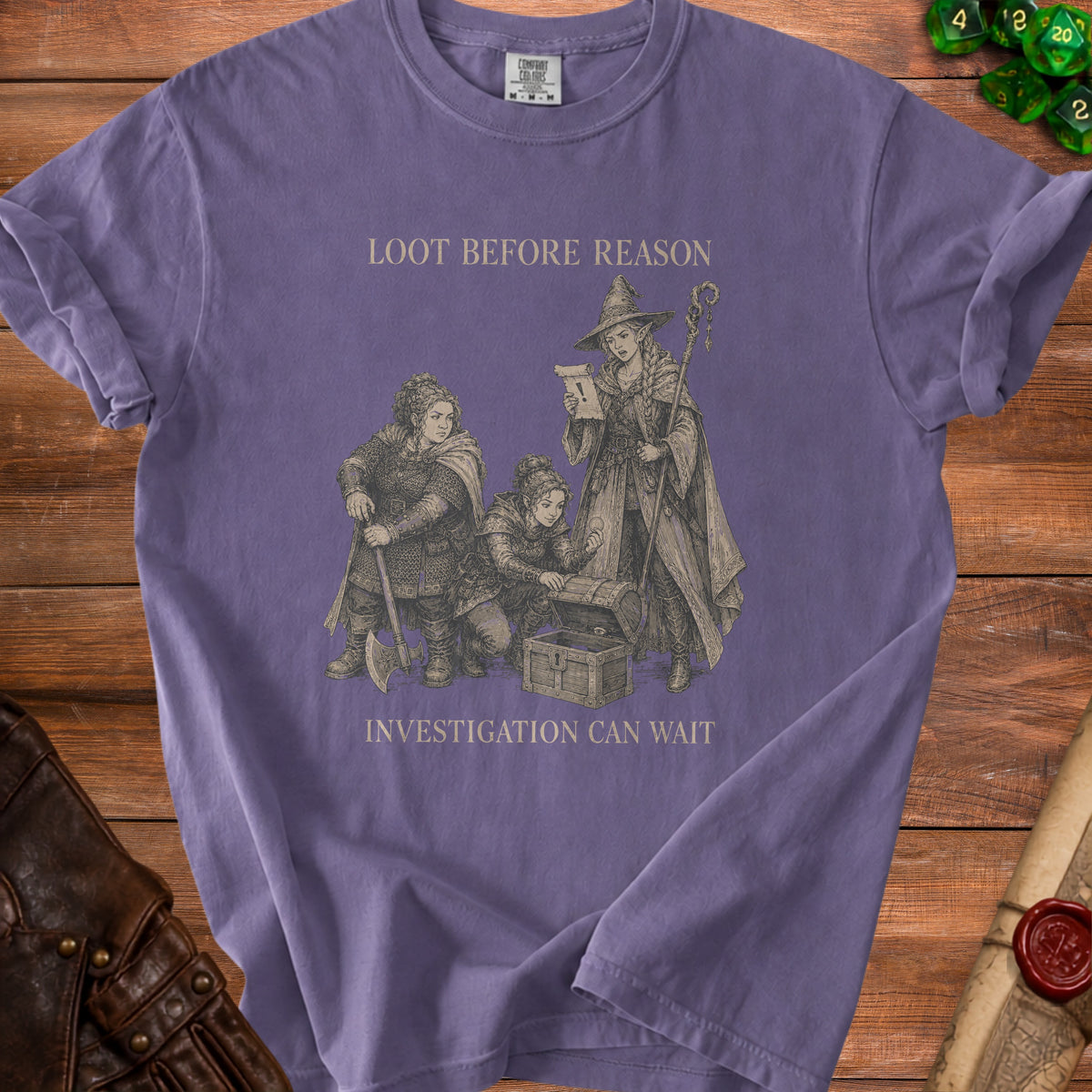 Purple t-shirt with illustration of three fantasy characters opening a treasure chest, "Loot Before Reason" text.