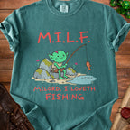 Green t-shirt with a goblin fishing and text "M.I.L.F. Milord, I Loveth Fishing".