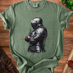 Green t-shirt with black and white knight graphic and red text "EMOTIONALLY UNAVAILABLE".