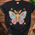 Black t-shirt with a whimsical moth wearing a wizard hat and stars design.