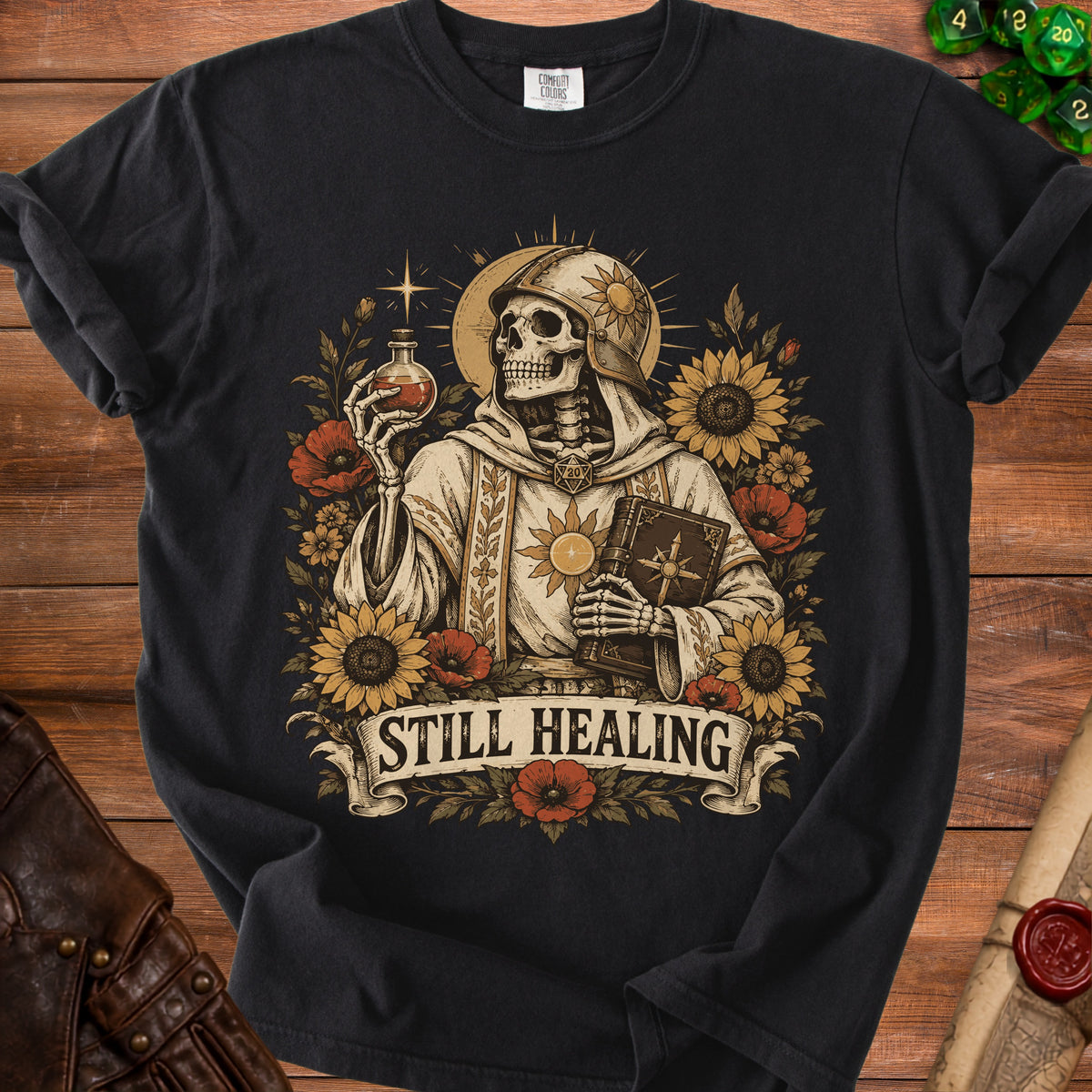 Skeleton wearing armor and robes holding potion and book, surrounded by flowers, text "Still Healing".