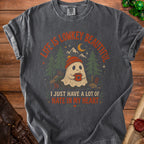 T-shirt with a ghost wearing a beanie, holding coffee, with text "Life is lowkey beautiful" and "I just have a lot of hate in my heart".