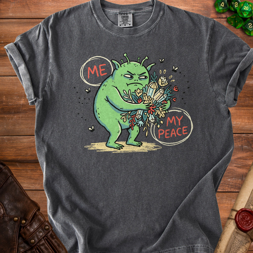 Green alien character holding crystals and flowers with "ME" and "MY PEACE" text.