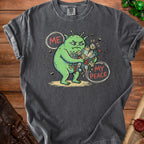 Green alien character holding crystals and flowers with "ME" and "MY PEACE" text.