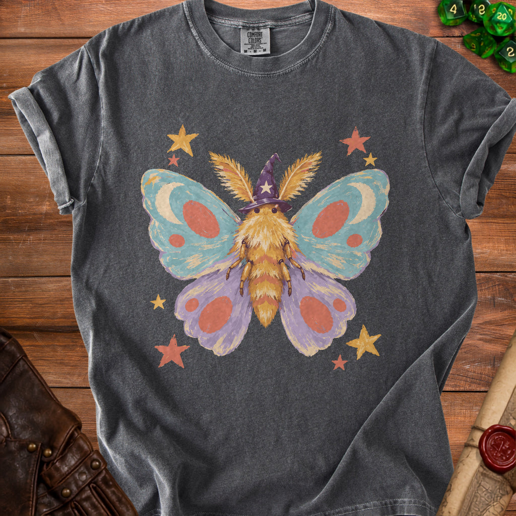 Gray t-shirt with a moth wearing a wizard hat and stars graphic.