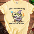 Yellow t-shirt with a goblin wizard graphic and text "Inner Darkness Aside, I Am Filled With Magic".
