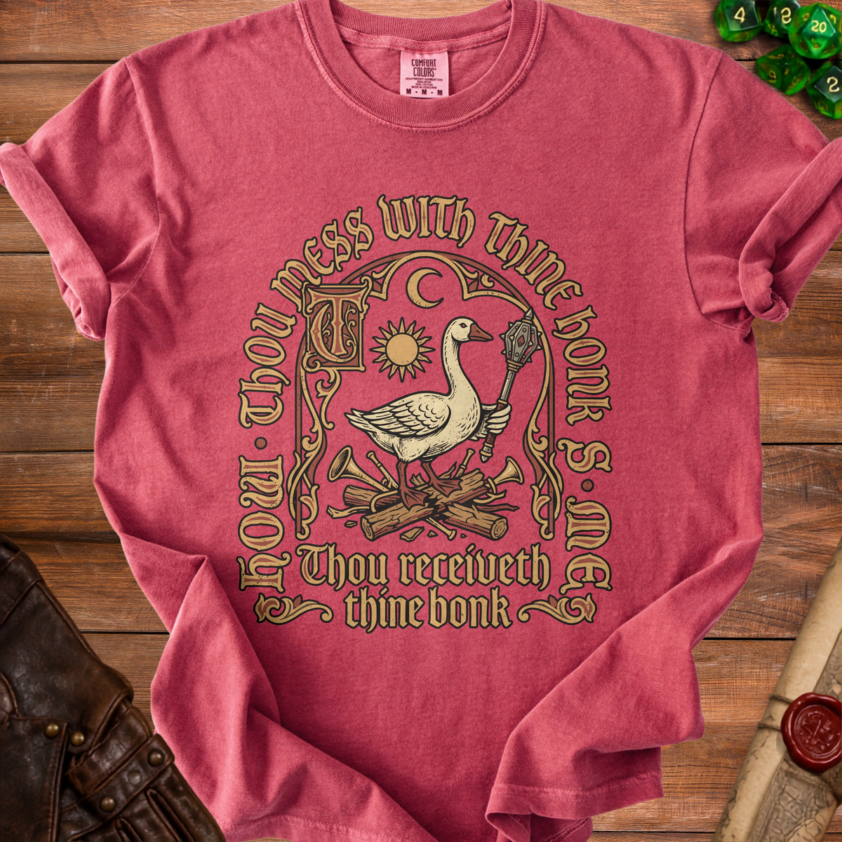 Goose holding mace and trumpets with text "Thou mess with thine honk s mes, Thou receiveth thine bonk."