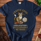 Navy blue t-shirt with a cat sitting on books and D20 dice, reading "Chaotic Good".