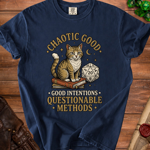 Chaotic Good Cat T-Shirt in True Navy