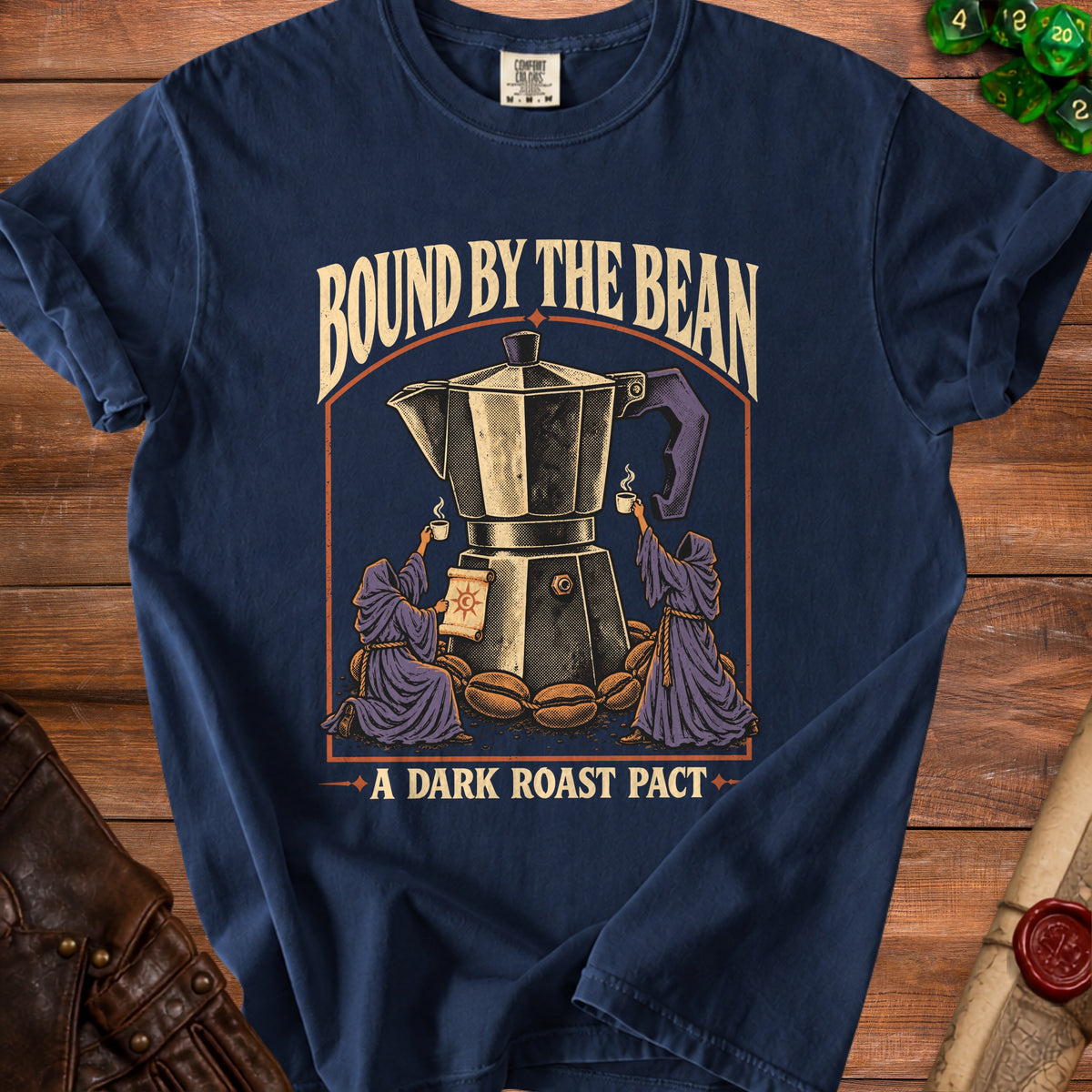 Dark blue t-shirt with "BOUND BY THE BEAN A DARK ROAST PACT" and a moka pot graphic.