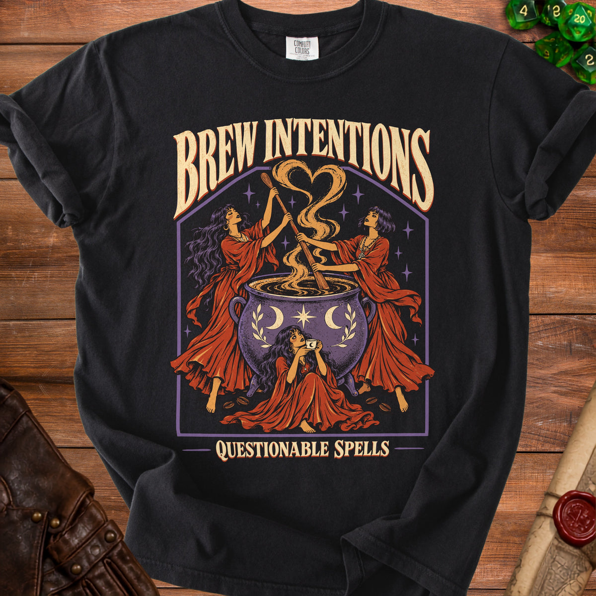 Black t-shirt with "Brew Intentions Questionable Spells" and witches stirring a cauldron.