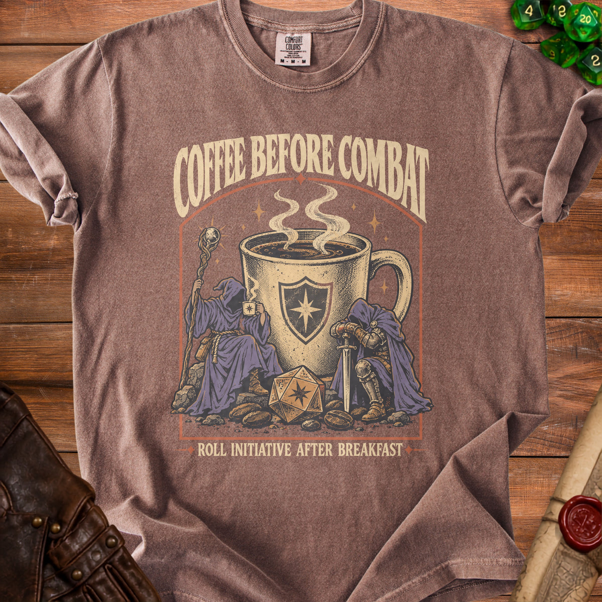 Brown t-shirt with "Coffee Before Combat" and "Roll Initiative After Breakfast" text.