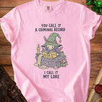 Pink t-shirt with a wizard owl illustration and the text "You call it a criminal record, I call it my lore."