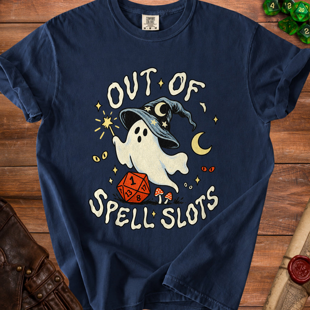 Navy t-shirt with a ghost, wizard hat, dice, and the text "OUT OF SPELL SLOTS".