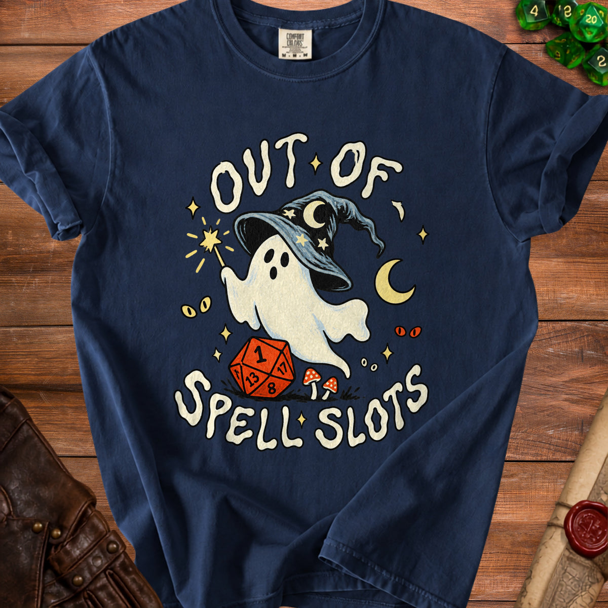 Navy t-shirt with a ghost, wizard hat, dice, and the text "OUT OF SPELL SLOTS".