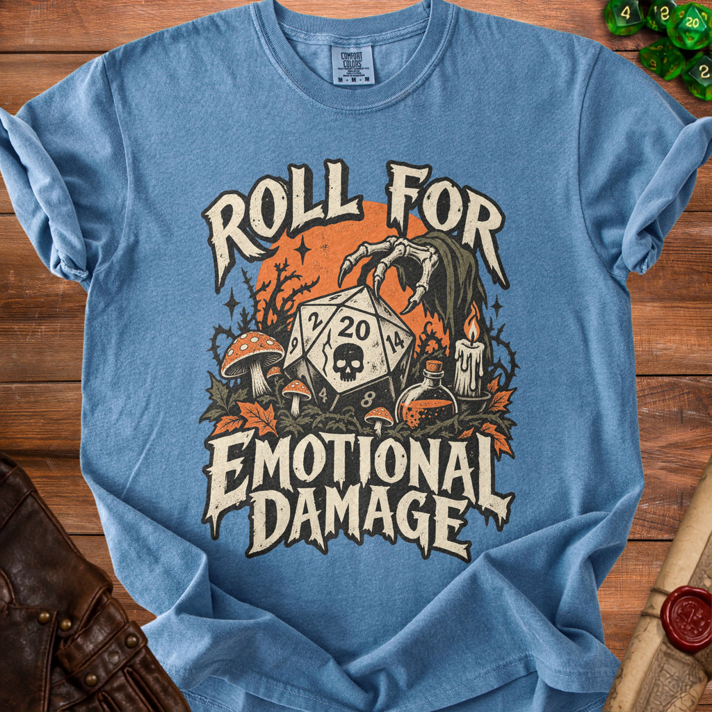 Blue t-shirt with "Roll for Emotional Damage" text, dice, and grim reaper graphic.