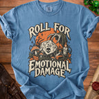 Blue t-shirt with "Roll for Emotional Damage" text, dice, and grim reaper graphic.