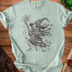 Skeleton wizard with a staff and hat on a light teal t-shirt, text "This seems bad."