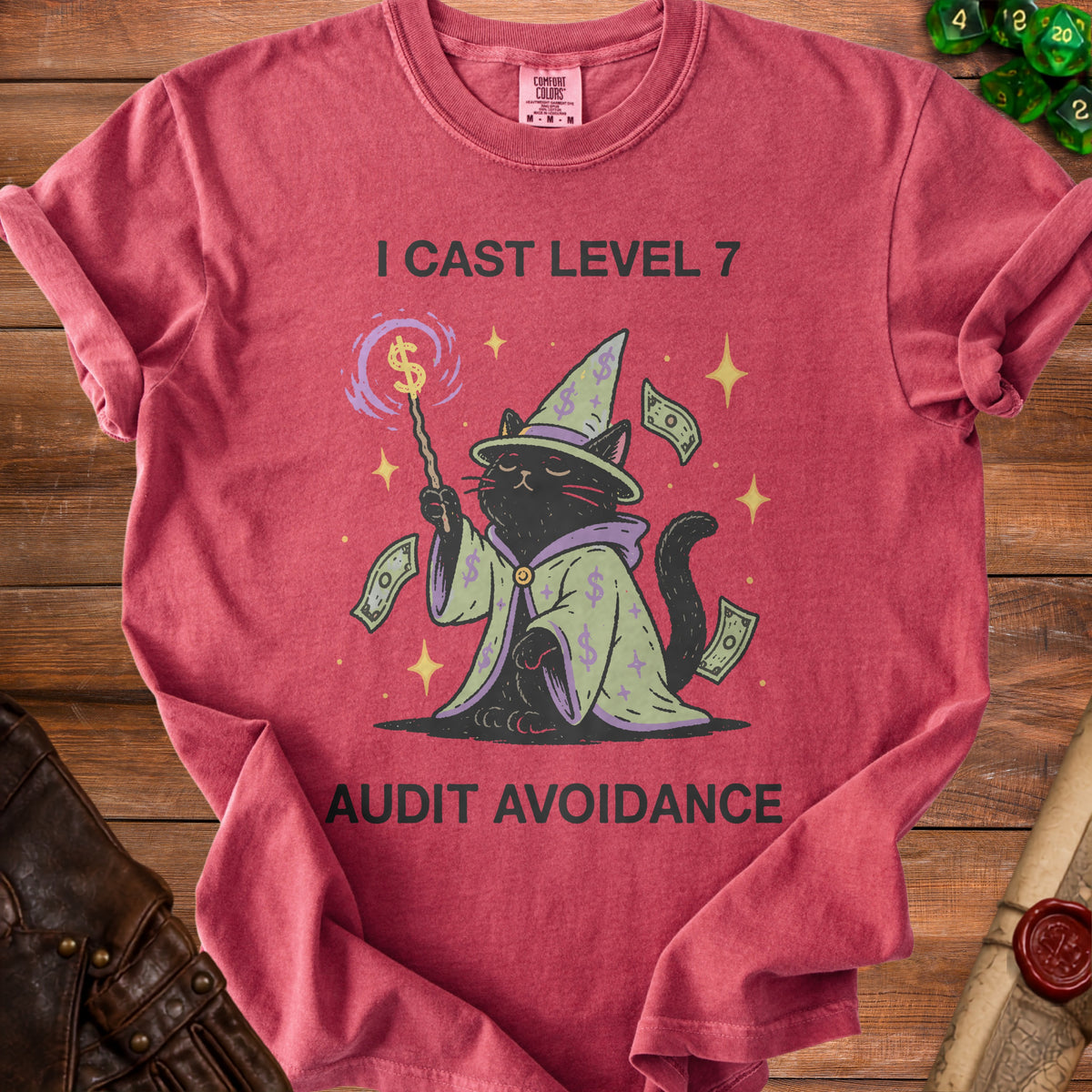 Black cat wizard with dollar signs on hat and robe, holding wand with dollar sign.