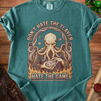 Teal t-shirt with cthulhu artwork and text "Don't hate the flayer, hate the game".