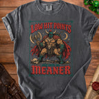 Grey t-shirt with a graphic of a horned warrior holding an axe, text reads "LOW HIT POINTS only make me MEANER".