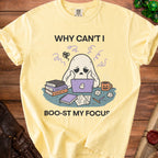 Yellow t-shirt with ghost at laptop, "Why Can't I Boo-st My Focus" text.