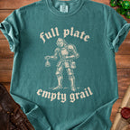 Teal t-shirt with knight and "full plate empty grail" text.