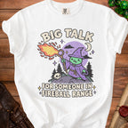 White t-shirt with cartoon witch casting fireball, text "BIG TALK FOR SOMEONE IN FIREBALL RANGE".
