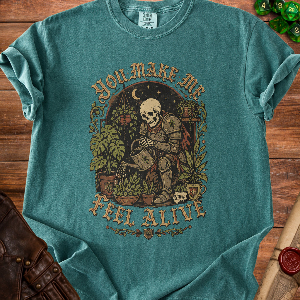 Skeleton in armor waters plants with text "You Make Me Feel Alive."