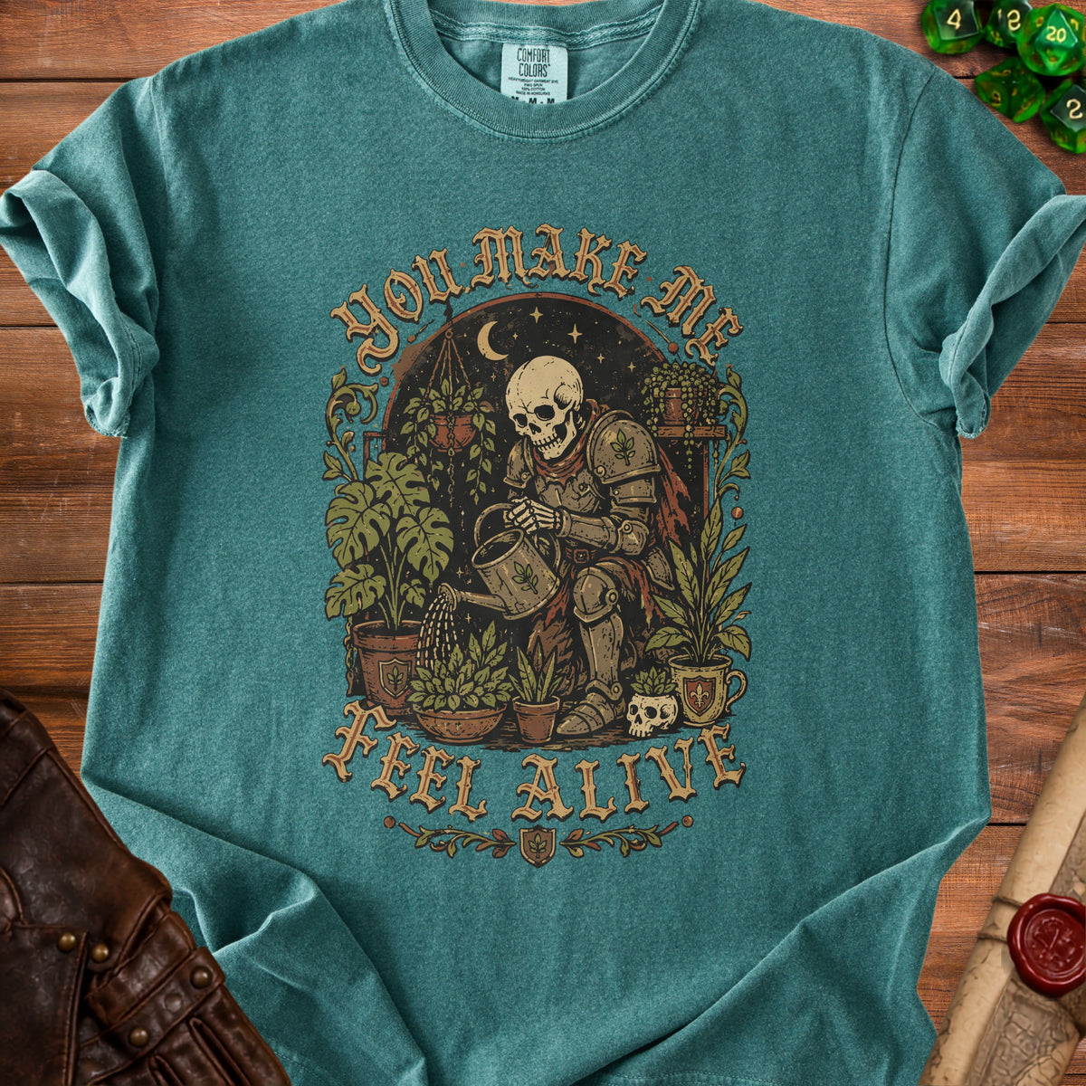 Skeleton in armor waters plants with text "You Make Me Feel Alive."
