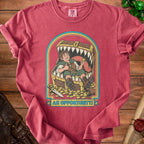Illustration on a shirt of a grinning hobbit character sitting in a treasure chest full of coins, with text "AN OPPORTUNITY!".