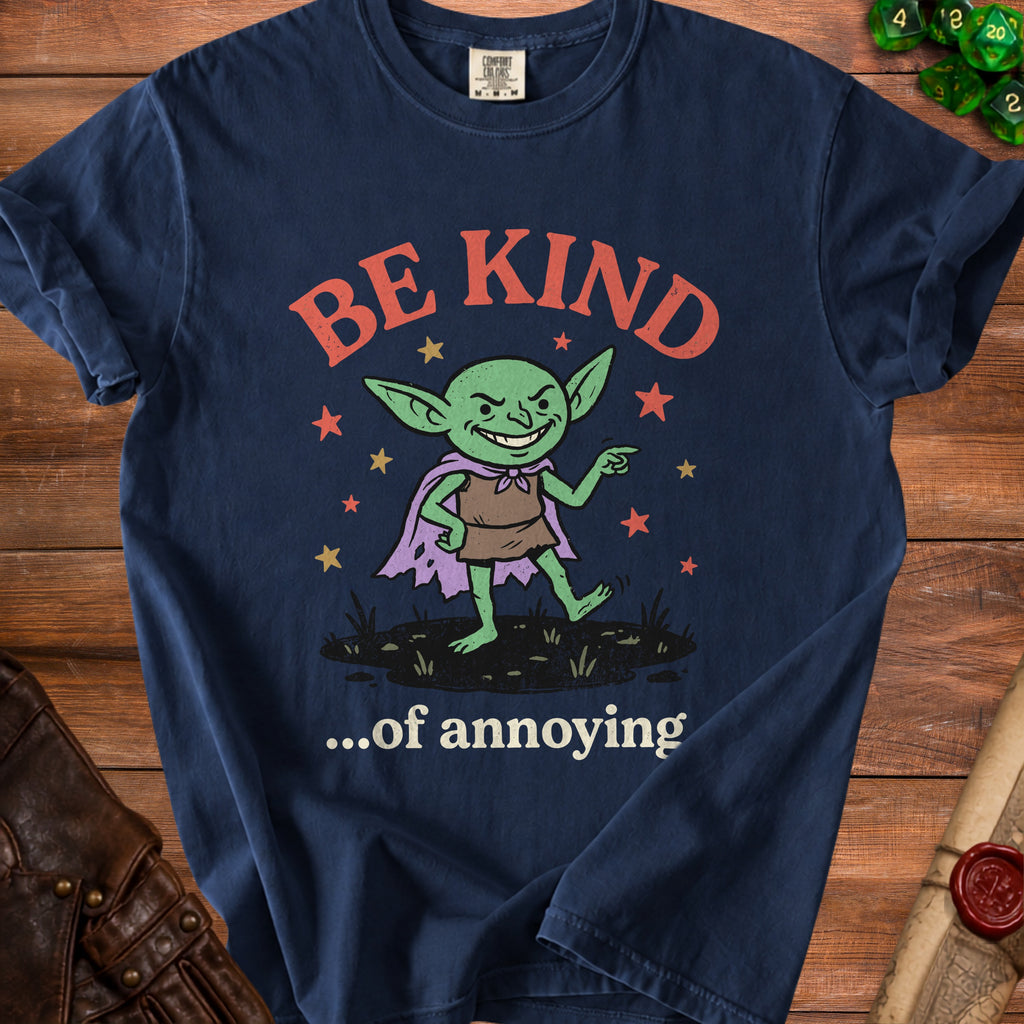 Navy t-shirt with a green goblin pointing and the text "...of annoying".