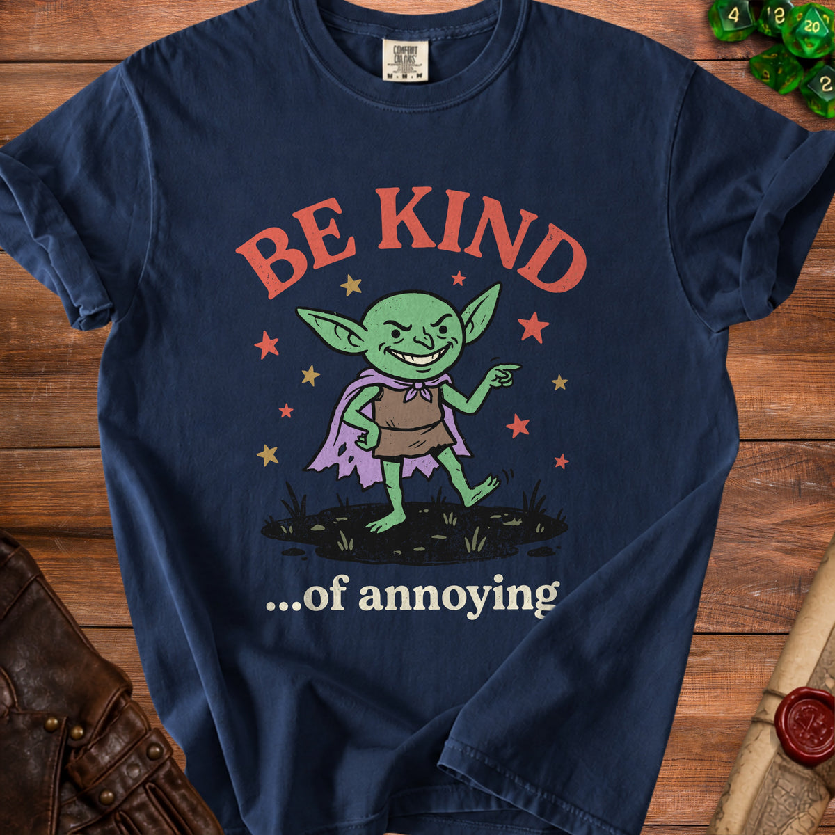 Navy t-shirt with a green goblin pointing and the text "...of annoying".