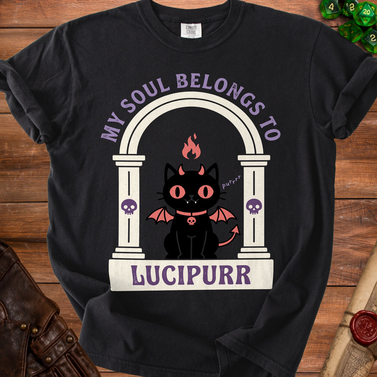 Black t-shirt with a graphic of a devil cat, horns, wings, and the text "MY SOUL BELONGS TO LUCIPURR".