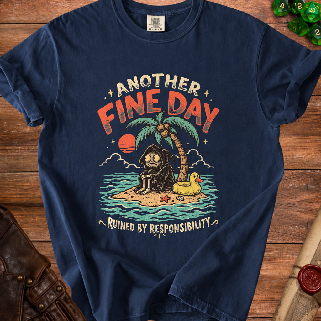Grim reaper on a beach island with palm tree, rubber duck, and text "ANOTHER FINE DAY RUINED BY RESPONSIBILITY".