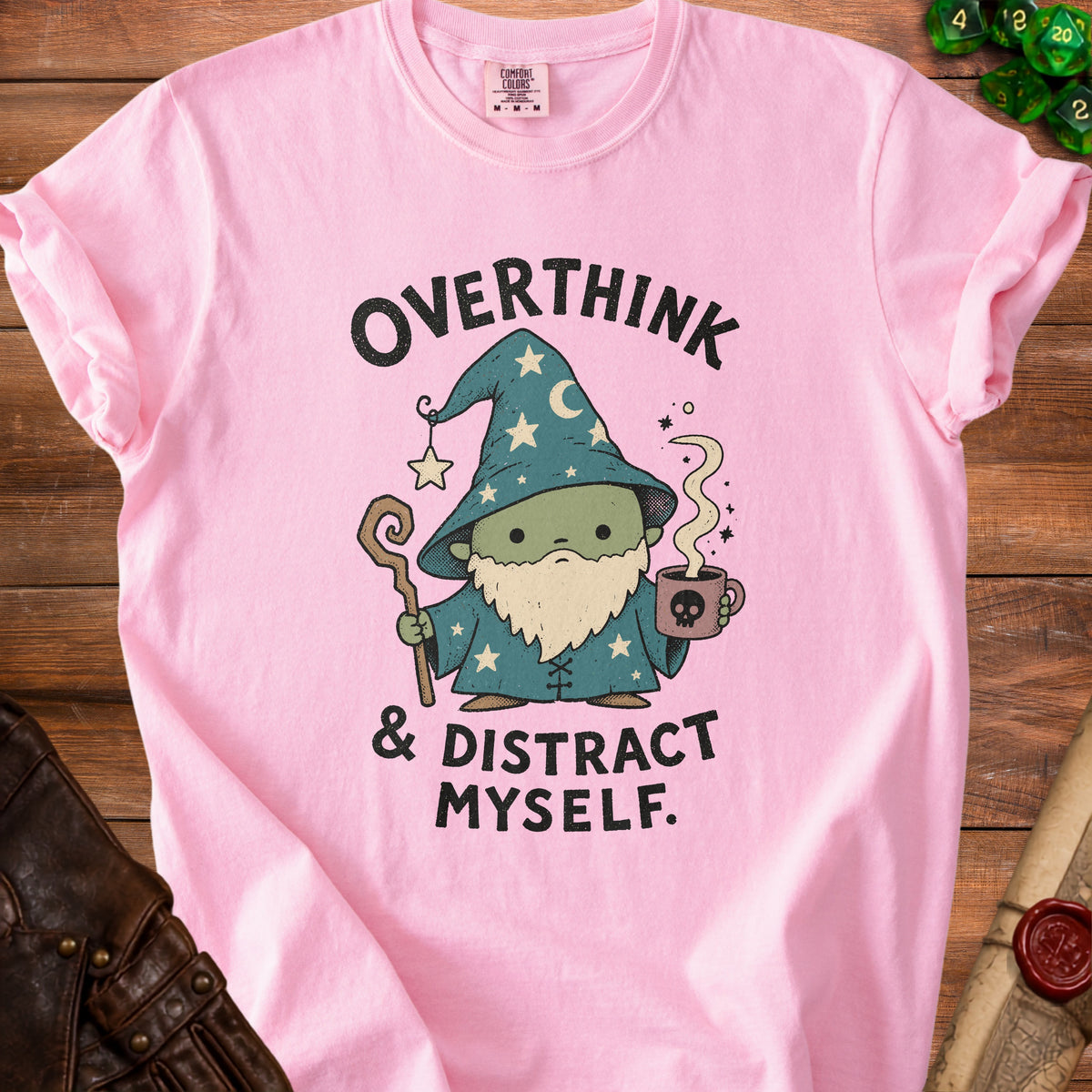Pink t-shirt with wizard graphic and text "OVERTHINK & DISTRACT MYSELF."