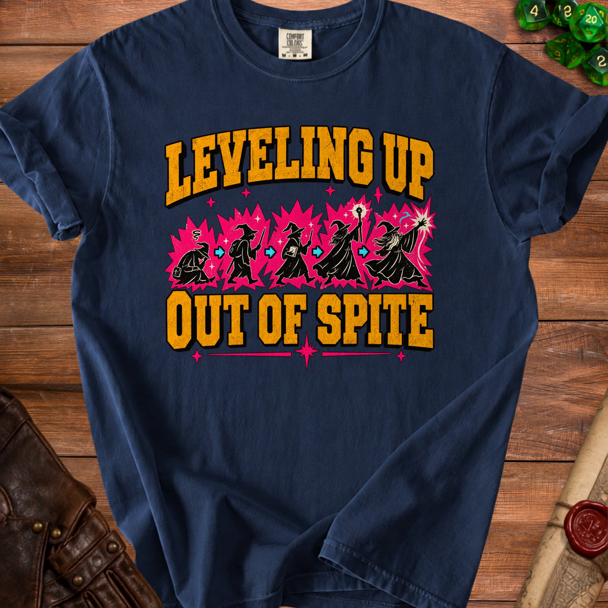 Navy t-shirt with "Leveling Up Out of Spite" text and wizard characters.