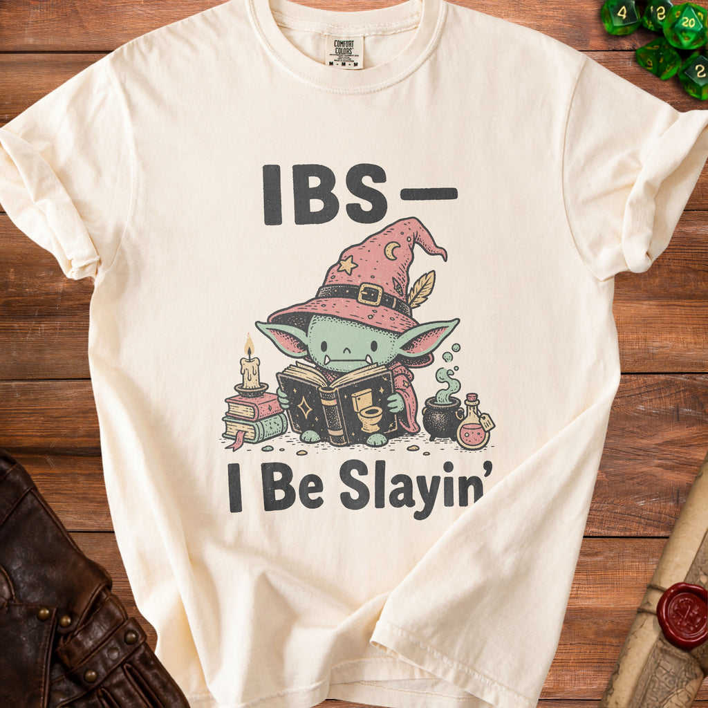 Cream t-shirt with goblin wizard graphic reading "IBS- I Be Slayin'".