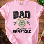 Pink t-shirt with "DAD The family's SUPPORT CLASS" and D20 dice graphic.