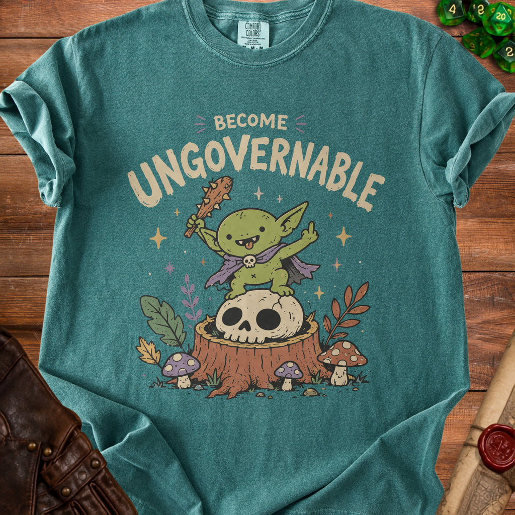 Green t-shirt with a goblin graphic and text "BECOME UNGOVERNABLE".