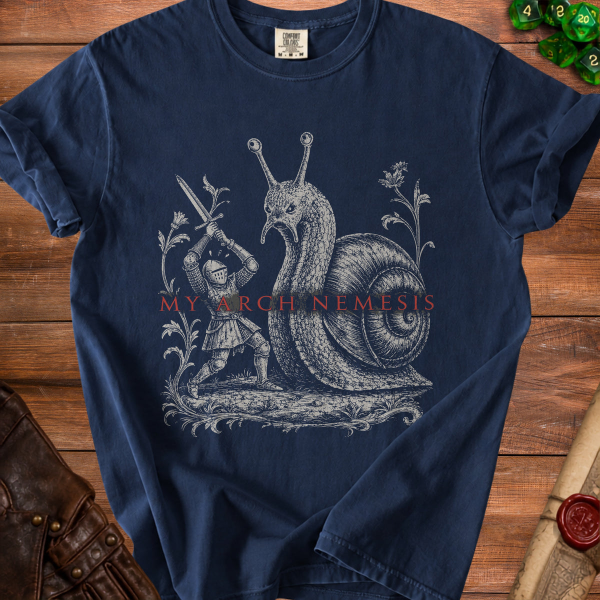 Knight battles giant snail with sword under "MY ARCH NEMESIS" text.